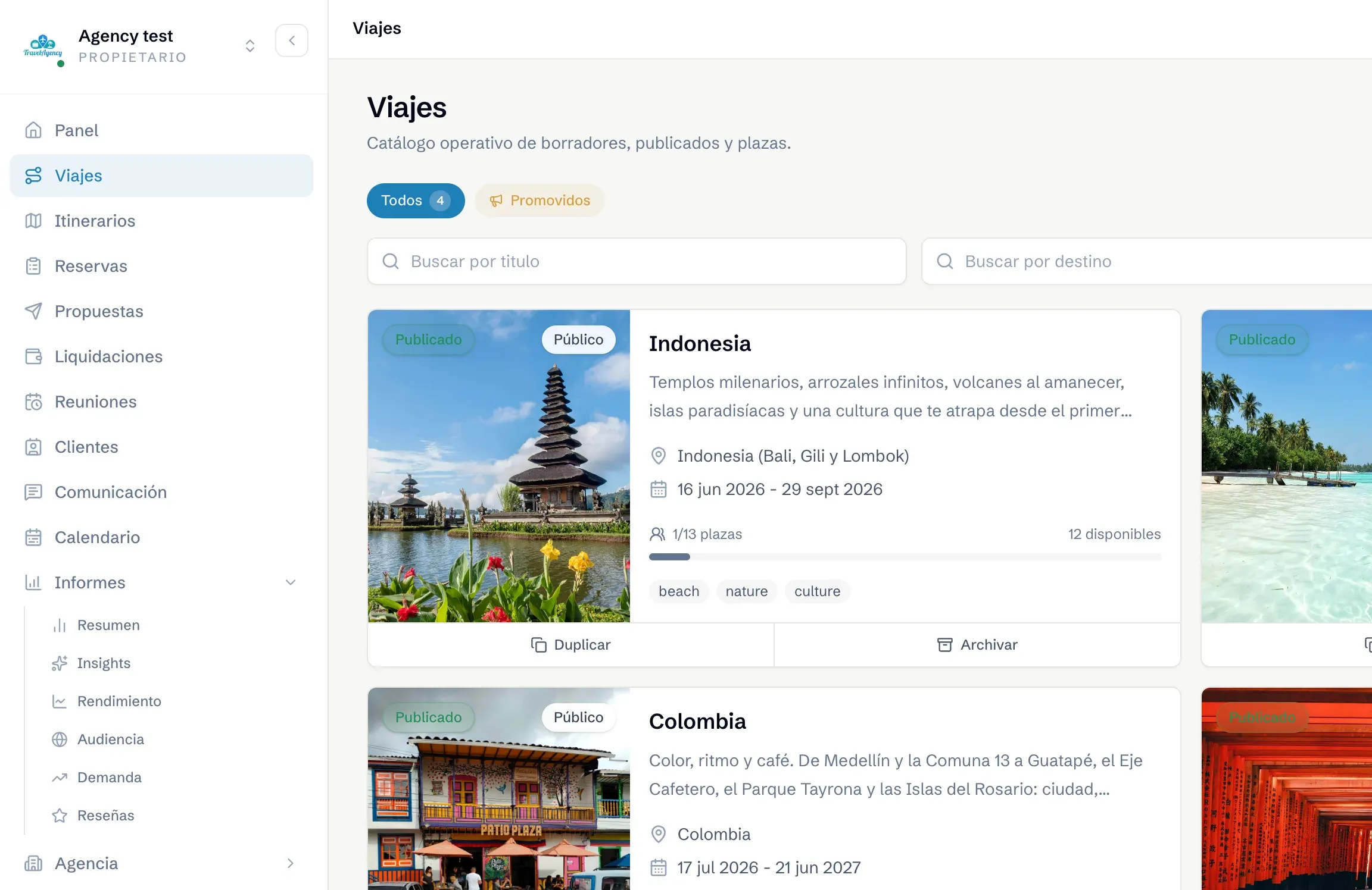 Panel de agencias de WYRA: catálogo de viajes publicados, con plazas ocupadas y disponibles de un vistazo